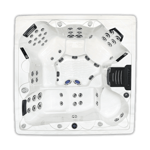 Square hot tub with multiple seats.