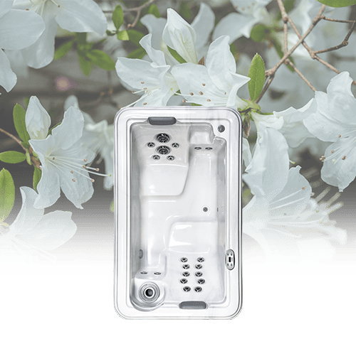 Jacuzzi in front of white flowers