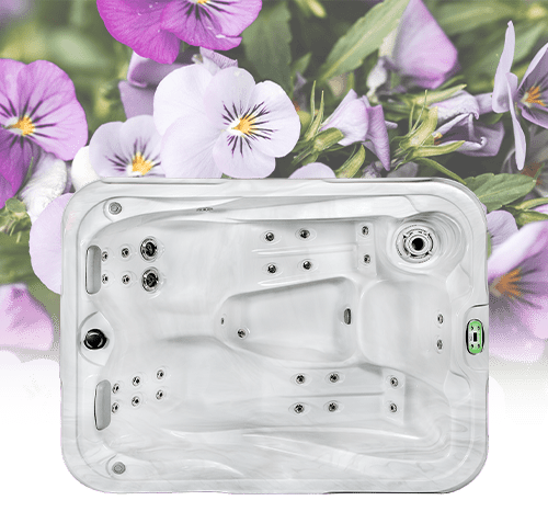 White hot tub with purple flowers