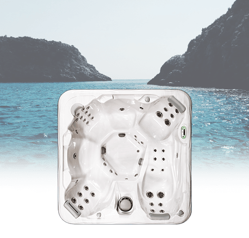 White hot tub with ocean backdrop