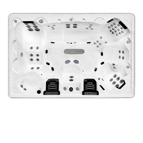 Rectangular spa with multiple seating areas