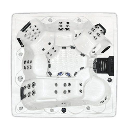 White hot tub with multiple jet configurations.
