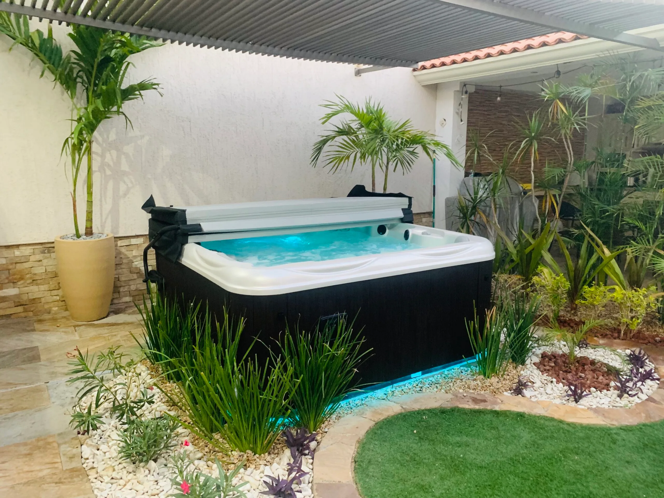 Garden spa with lush landscaping